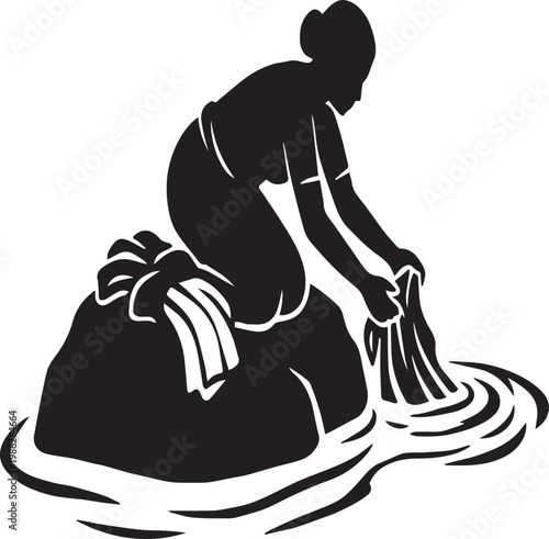 Woman Washing Clothes River Village Chores Silhouettes
