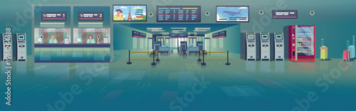 Spacious airport terminal interior with security screening area, check-in counters, self-service kiosks, vending machines, and luggage. A modern travel environment showing passenger  