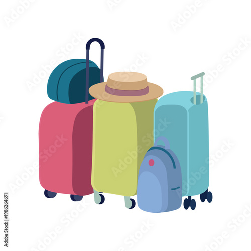 Set of colorful travel bags and suitcases arranged together, isolated on a light background.