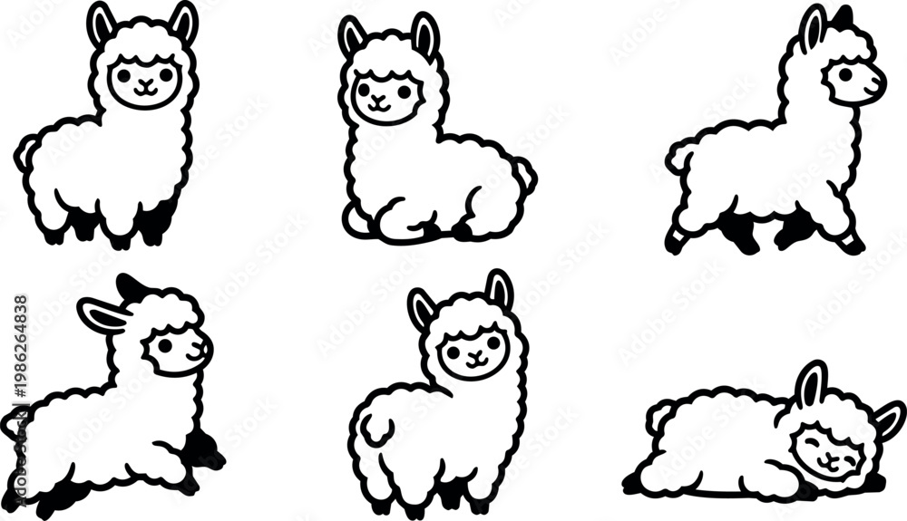 Obraz premium Black and white line art six cute alpacas in different poses