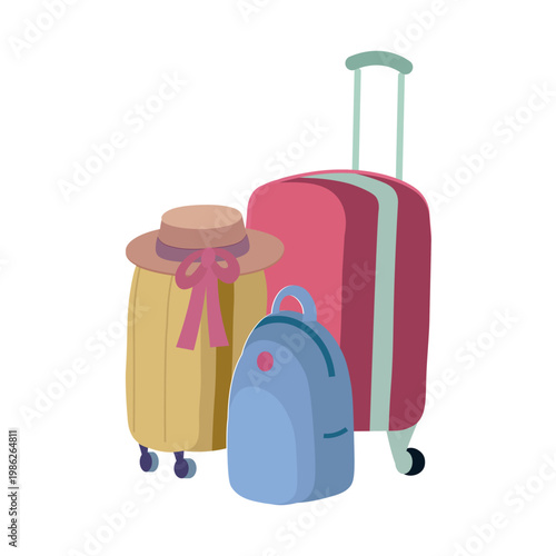 Set of colorful travel bags and suitcases arranged together, isolated on a light background.