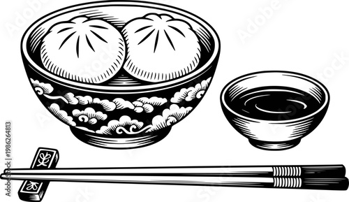 Black and white of steamed buns in a decorative bowl with chopsticks and soy sauce