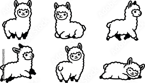 Black and white line art six cute alpacas in different poses