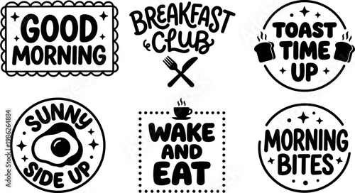 Hand lettering breakfast phrases with toast egg and coffee icons vector art