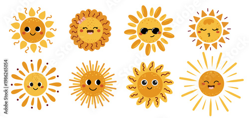 Cute sun set smiling faces and sunbeams. Perfect for children's designs, cards, invitation, posters, stickers, weather icons, educational materials, or fun summer and holiday projects. 