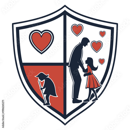 Family shield with hearts and generational love care.
