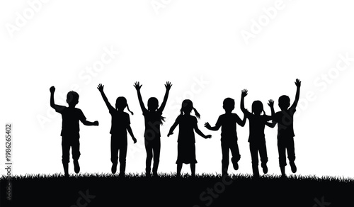 A group of children joyfully raising their arms in a field appearing as dark shapes against a bright background silhouette high quality professional detailed