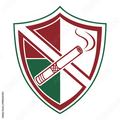 Shield with smoking cigarette over divided background.