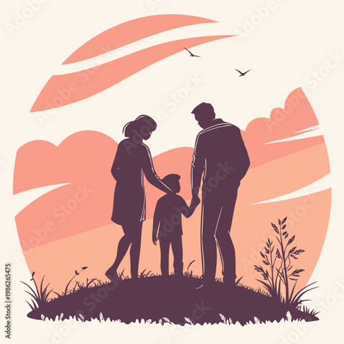 Silhouette family standing in dreamy soft sunset.