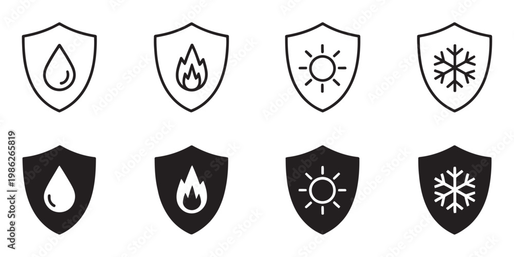 Obraz premium Waterproof fireproof sunproof frostproof icon label set, durability weather resistance symbol, protective safety sign vector illustration for product packaging