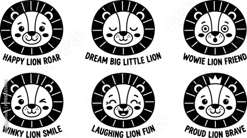 Black and white happy and proud lion faces with text phrases vector art