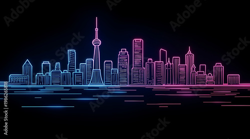 Wallpaper Mural Neon city skyline, skyline illustration, cityscape, waterfront, night skyline, futuristic skyline Torontodigital.ca