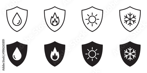 Waterproof fireproof sunproof frostproof icon label set, durability weather resistance symbol, protective safety sign vector illustration for product packaging