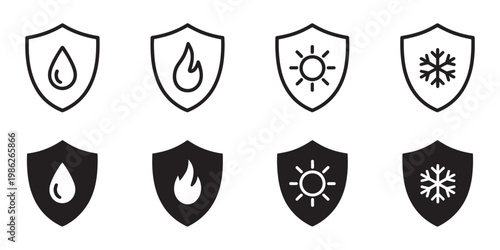 Waterproof fireproof sunproof frostproof label icons, durable protection and safety symbol set, weather resistance product packaging vector illustration design elements