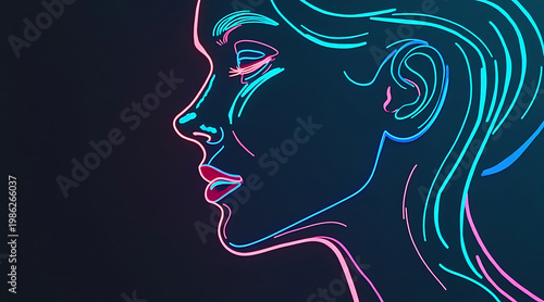 Wallpaper Mural Neon line art profile of female head with glowing cyan and magenta strokes conveying calm futuristic expression Torontodigital.ca