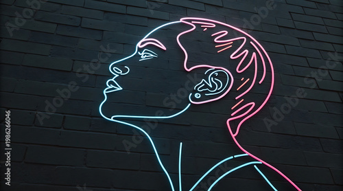 Wallpaper Mural Neon profile portrait luminous line art female head glowing pink blue neon sign stylish wall mural Torontodigital.ca