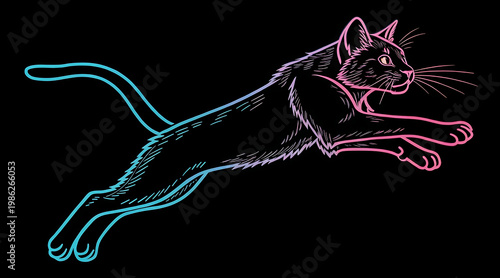 Wallpaper Mural Leaping cat illustration neon outline playful jumping feline in motion, dynamic pose with glowing pink and blue strokes conveying energy and joy Torontodigital.ca