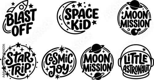 Space kid little astronaut blast off cosmic joy moon mission star trip black and white vector art