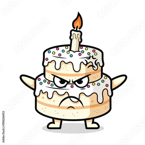 Angry Cartoon Birthday Cake Character with Candle.