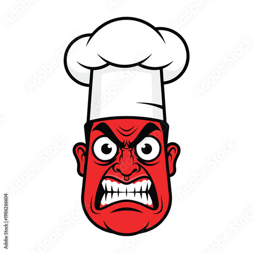 Angry red chef character mascot head wearing a white toque hat.