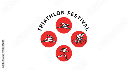 Triathlon Festival Emblem Depicting Swimming, Cycling, and Running Sport Activities Competition