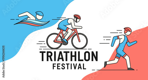 Triathlon Festival Illustration Depicting Swimming, Cycling, and Running in a Clean, Modern Style