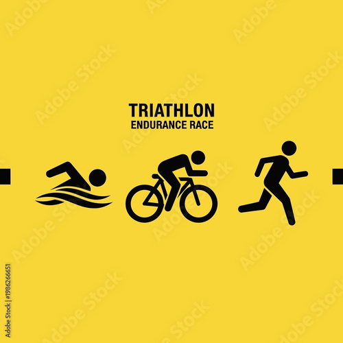 Triathlon Icons Depicting Swimming, Cycling, and Running Stages with Yellow Background