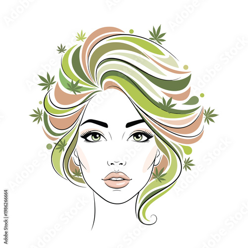 Beautiful woman portrait with creative cannabis hair style illustration.