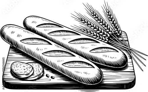 Hand-drawn black and white of baguettes and wheat a wooden board bread grain food
