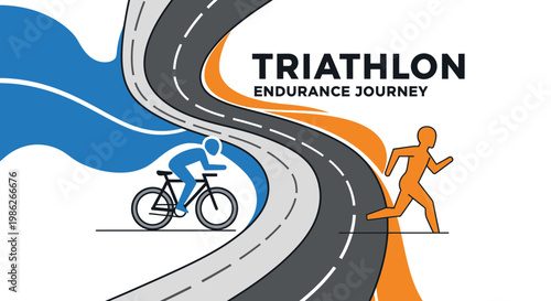 Triathlon Illustration Depicting Cyclist, Runner and Swimming Elements for Endurance Sports