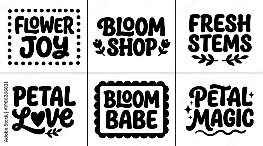 Fototapeta premium Six flower shop phrases with decorative dots and leaves