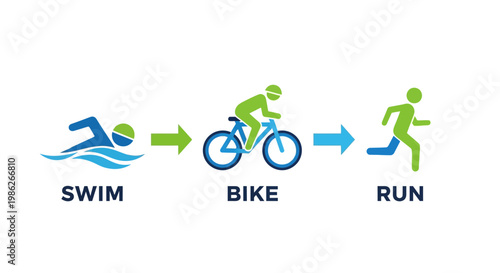 Triathlon Illustration Showing Swim, Bike, And Run Actions During A Competition Race