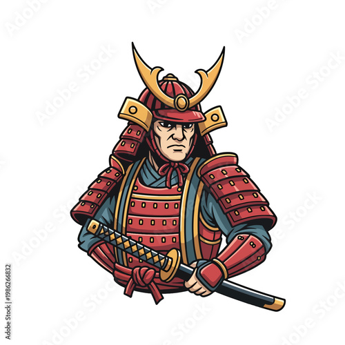 Illustration of a stern samurai warrior in red traditional armor with a katana sword.