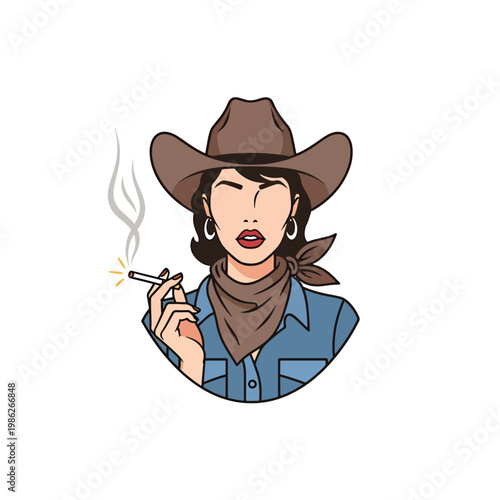 Illustration of a stylish cowgirl wearing a hat and smoking a cigarette.