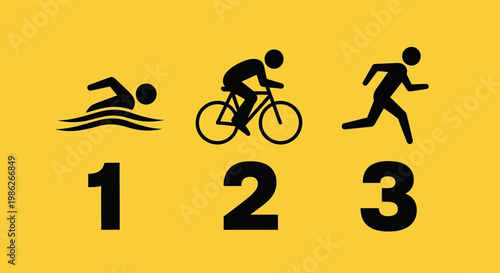 Triathlon Sequence Illustrated on Yellow Background Representing Endurance and Physical Activity