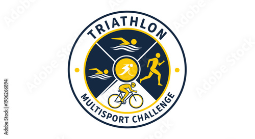 Triathlon Multisport Challenge Emblem Emphasizing Swim, Bike, And Run Disciplines