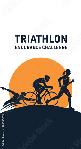 Trio Of Athletic Endeavor Depicted: Triathlon Endurance Challenge With Silhouetted Figures