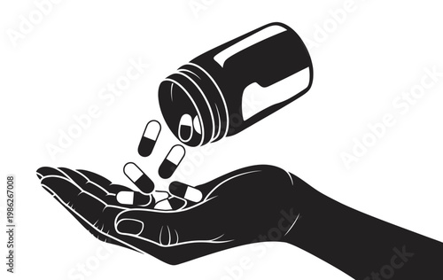 Black and white medical graphic, hand taking pills from bottle, capsules falling, pharmacy medication concept vector illustration isolated design