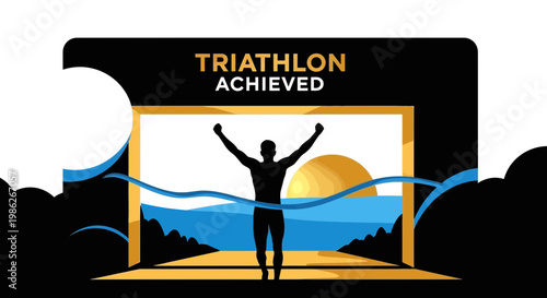 Triumphant Athlete Celebrates Triathlon Completion After Swimming, Biking, And Running