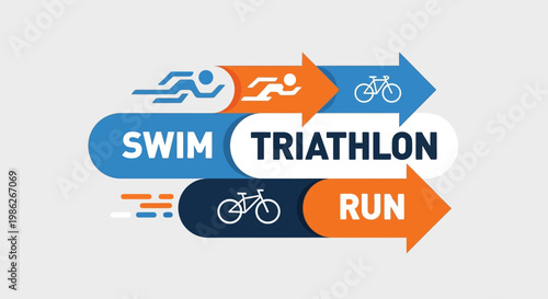 Trio Of Athletic Endeavors: Swim, Cycle, and Run Illustrated with Bold Arrows and Font Graphics