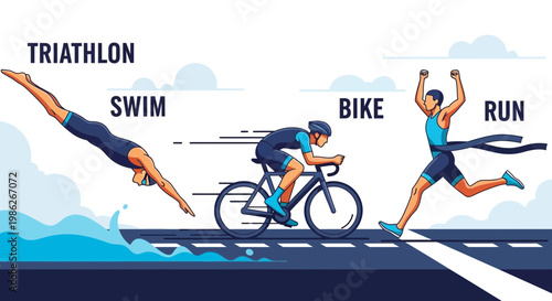 Trio Of Athletic Endeavors Depicting Swimming Cycling And Running In Triathlon Competition