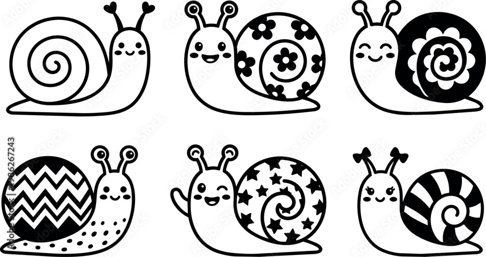 Fototapeta premium Black and white cartoon snails with various shell patterns line art