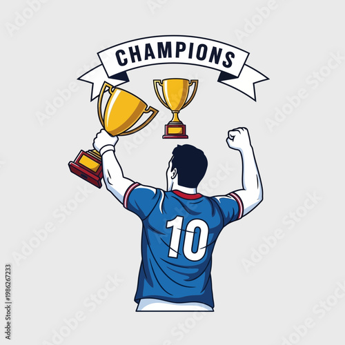 Triumphant Athlete Celebrates Victory, Raising Trophies in Recognition of Championship Status