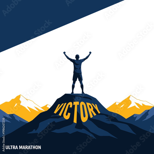 Triumphant Athlete Celebrates Extreme Marathon Success atop Mountain Peak