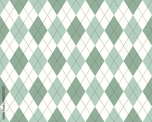 Seamless argyle pattern with green and ivory diamonds, dotted diagonal grid, flat vector style, soft muted palette, ideal for textile, wallpaper, packaging, cover, apparel, stationery, scrapbooking