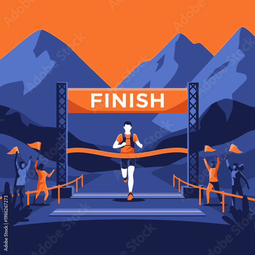 Triumphant Athlete Crossing Finish Line Amidst Mountainous Terrain Under Vibrant Skies