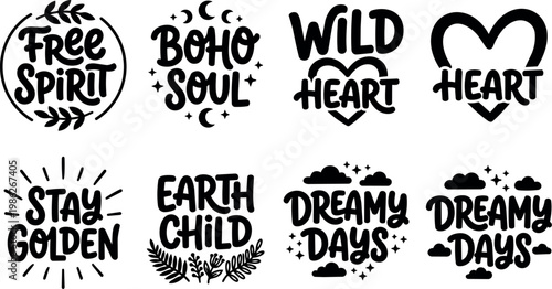 Handwritten calligraphic free spirit boho soul wild heart phrases with decorative leaves and stars