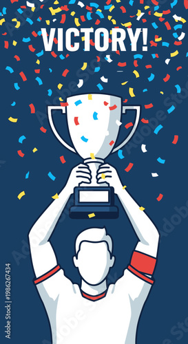 Triumphant Athlete Holding Championship Trophy Amidst Festive Confetti Celebration