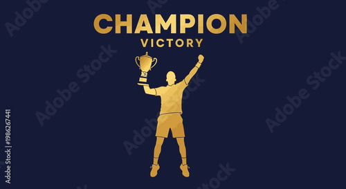 Triumphant Athlete Holding Championship Trophy Celebrating Victory Gold Silhouette on Dark Blue