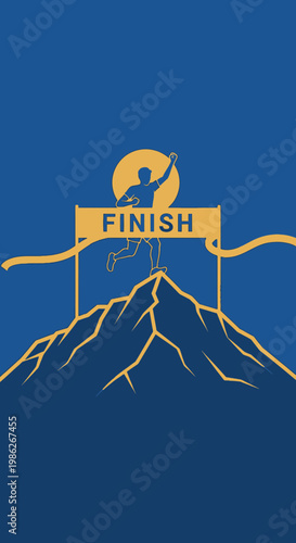 Triumphant Athlete Reaching Finish Line atop Mountain, Celebrating Victory and Success